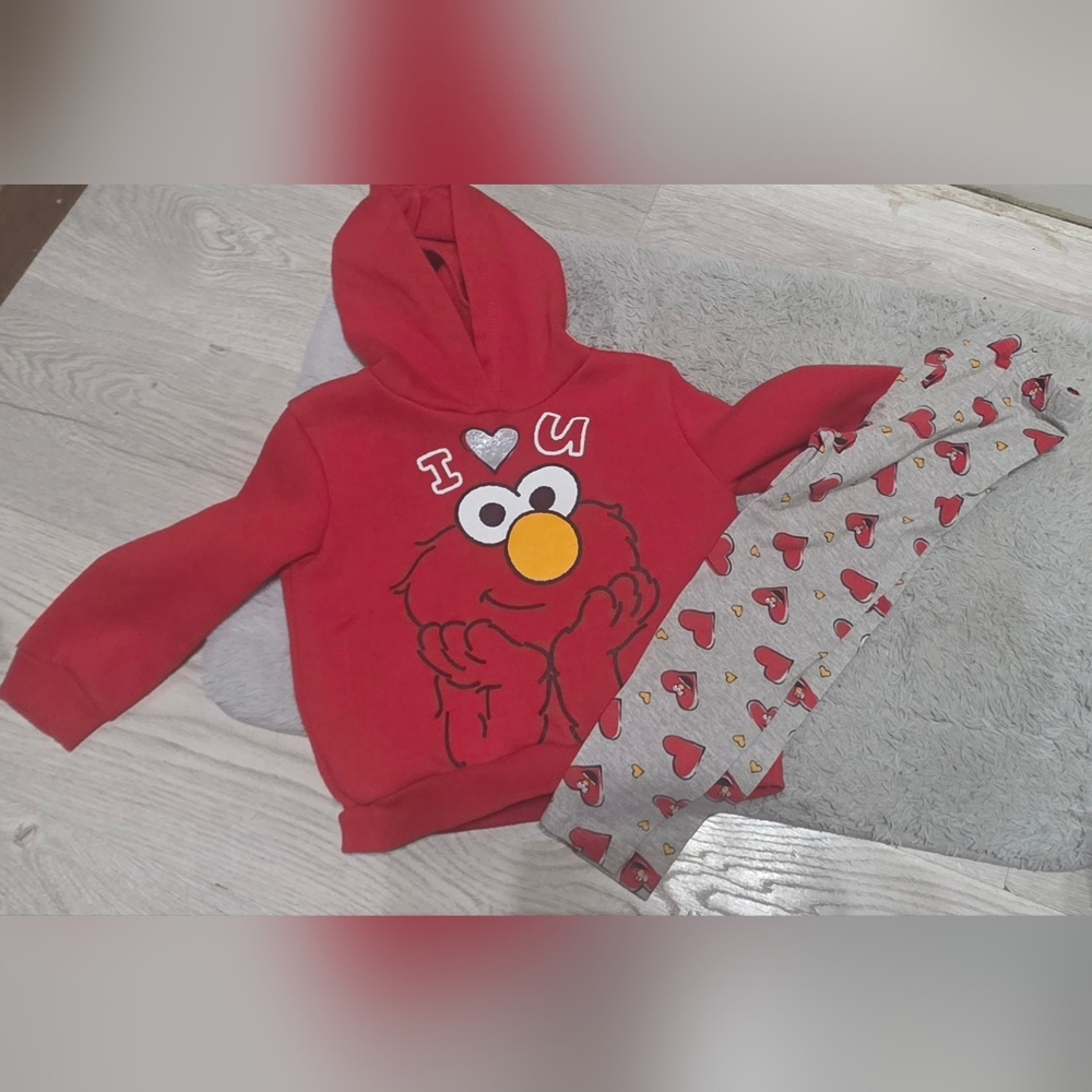 Sesame Street Red Elmo Hoodie & Gray Heart Leggings Kids Matching Set